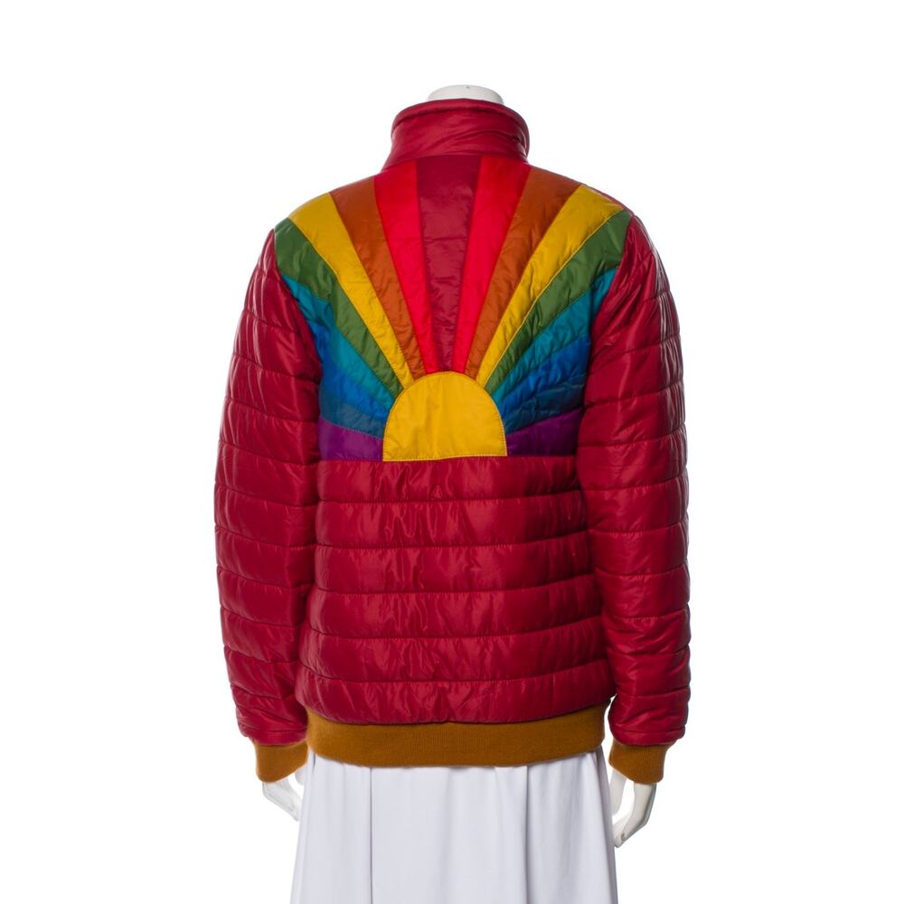Aviator Nation Red Puffer Jacket with Rainbow Sunburst Back
